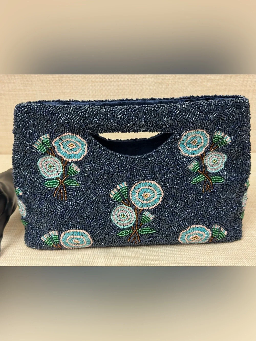 Embroidered Navy Beaded Floral Wristlet Clutch